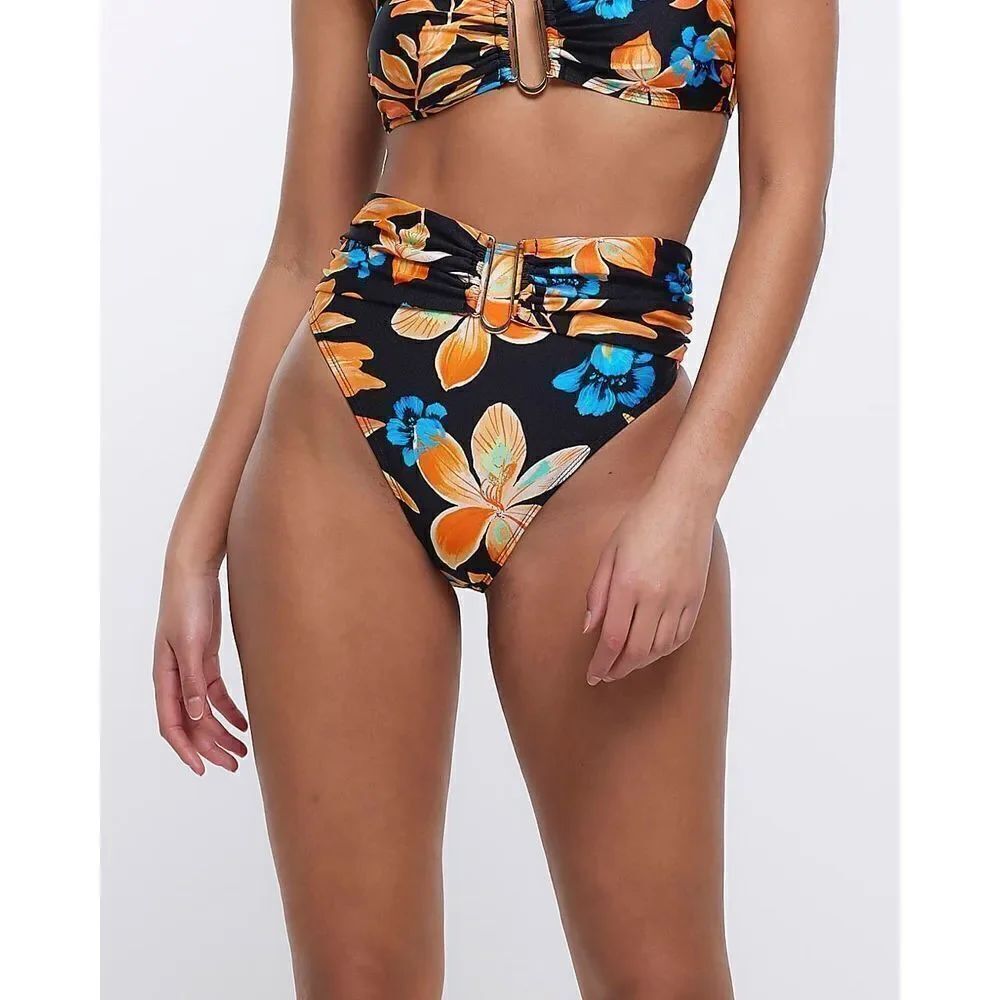 River Island Black Floral High Waisted Bikini Bottoms size 8 NWT